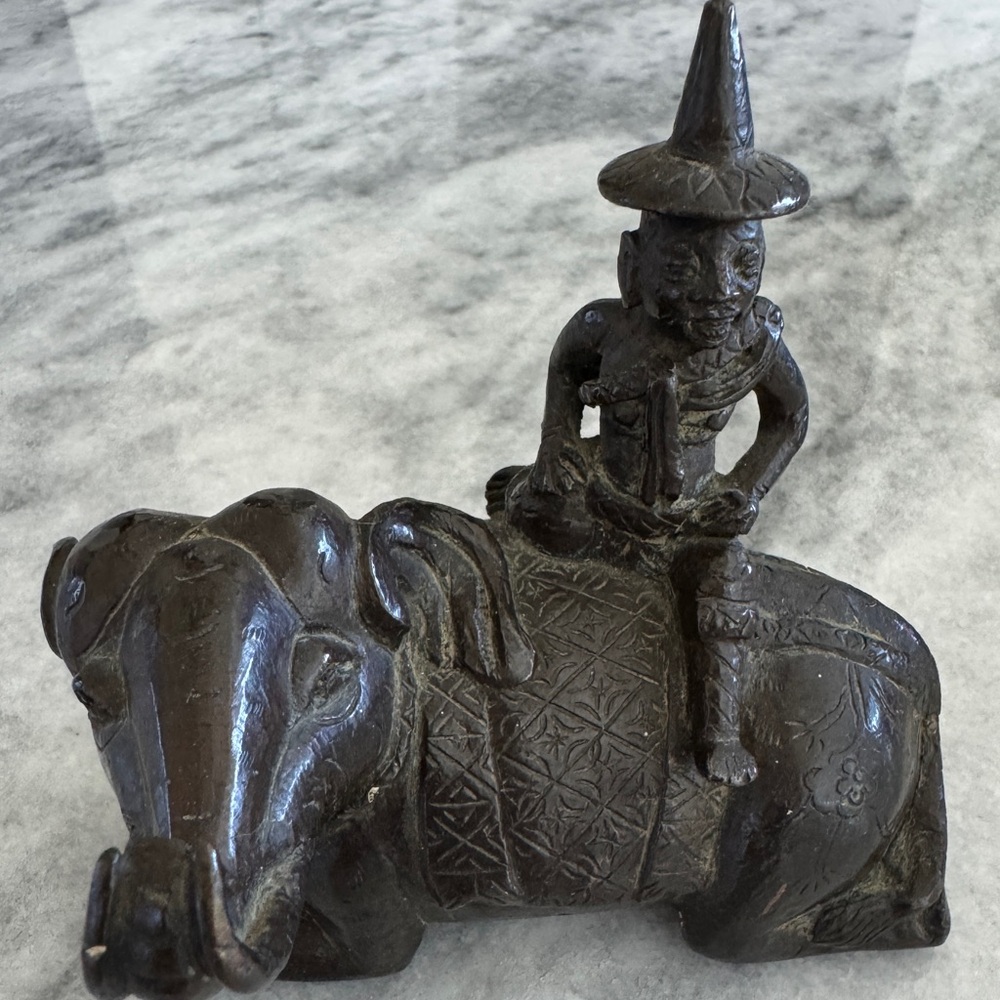 Antique Bronze Elephant Figurine with Deity Rider